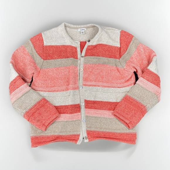 L.L. Bean Sweaters - LL Bean Sweater Knit Button Up Cardigan Womens Petite M Pink Orange Cream Stripe